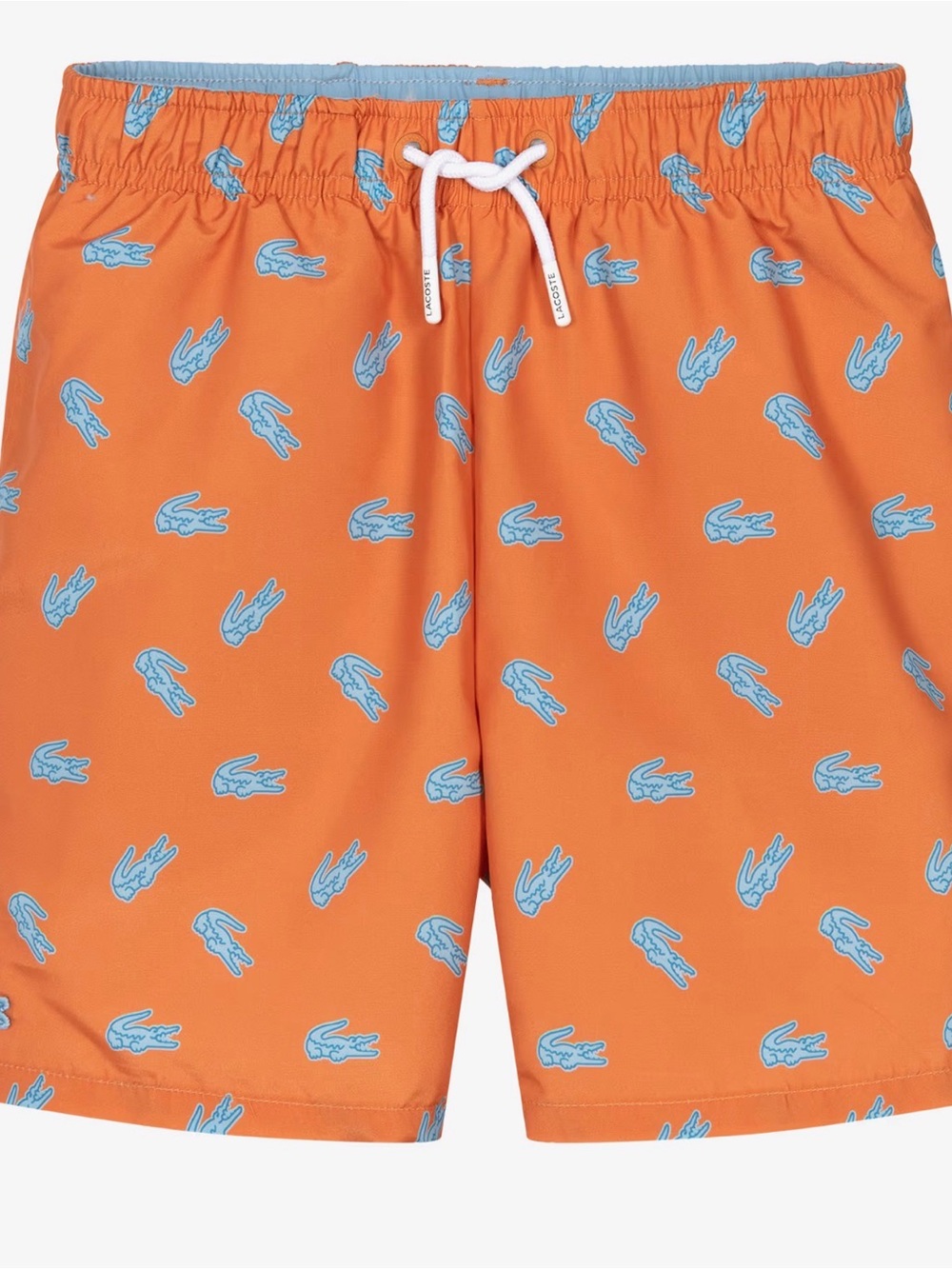 Lacoste 🐊Coral-Orange Swim Trunks with Light Blue Crocodile Logos